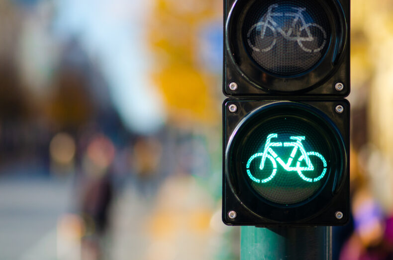 Bicycle traffic signal, green light, road bike, free bike zone or area to avoid bicycle crash with a bicycle rider